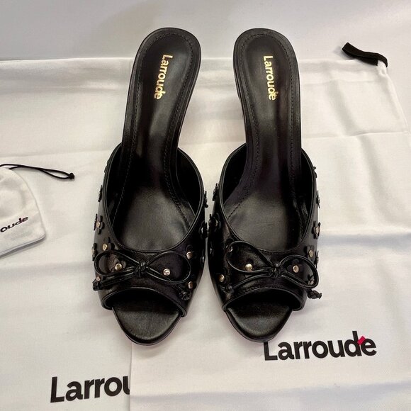 Larroude Jasmine Black Studded Leather Mule Size 8 Peep Toe Heel Slip-On - Picture 5 of 16